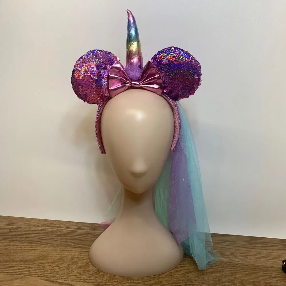 Disney Parks Purple Rainbow Metallic Sequin Unicorn Mini Mouse‎ Ears Headband